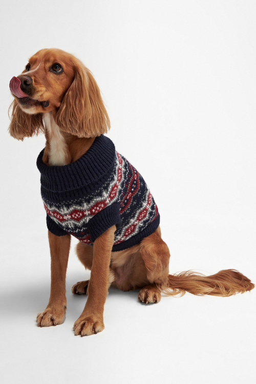 An image of the Barbour Fairisle Dog Jumper in Blue Granite.