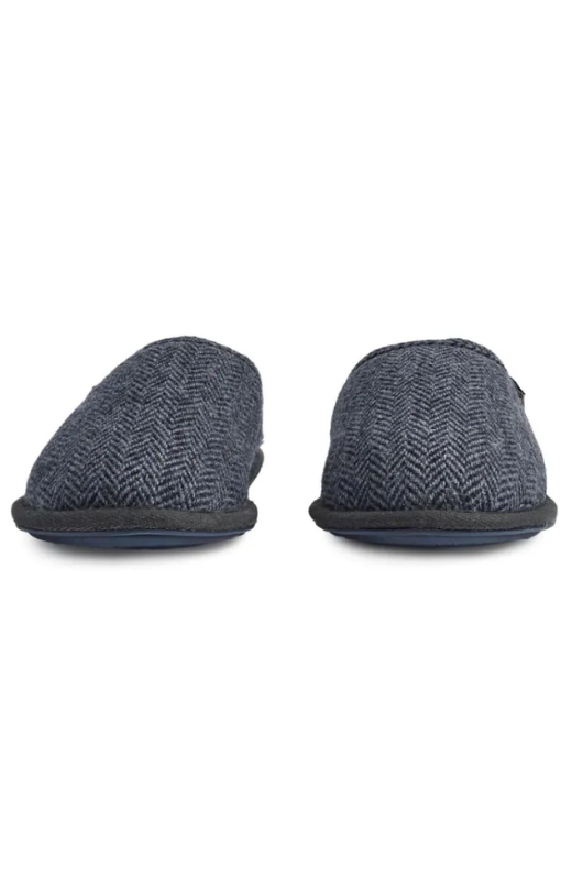 An image of the Bedroom Athletics William Harris Tweed Slippers in the colour Navy Herringbone.