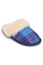 An image of the Bedroom Athletics Kate Harris Tweed Mules in Denim / Purple Check.