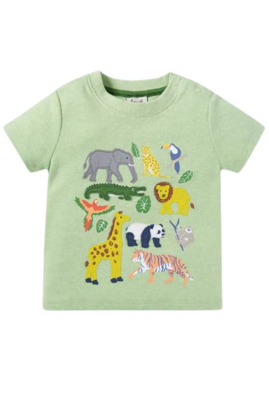 Frugi Little Creature Applique T-Shirt. A T-shirt with short sleeves, round neckline, shoulder poppers (up to 4 years), and animal applique on the front. This top is in the colour green.