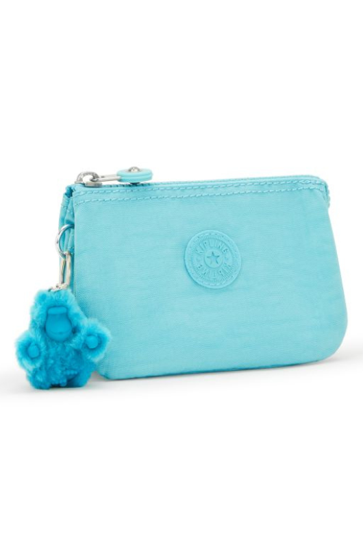 Kipling Creativity Small Purse. A small aqua purse with zipper compartment, multiple inner compartments, Kipling logo, and monkey charm.