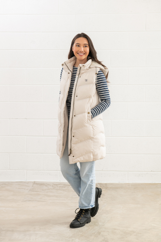 An image of the Lighthouse Savannah Ladies Long Gilet in Irish Cream.