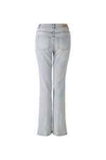 Oui Easy Kick Jeans. A pair of light blue, stretch denim, kick flare jeans with pockets and button/zip fastening.