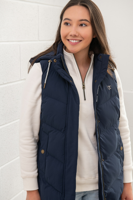 An image of the Lighthouse Savannah Ladies Long Gilet in Navy.