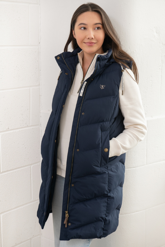 An image of the Lighthouse Savannah Ladies Long Gilet in Navy.