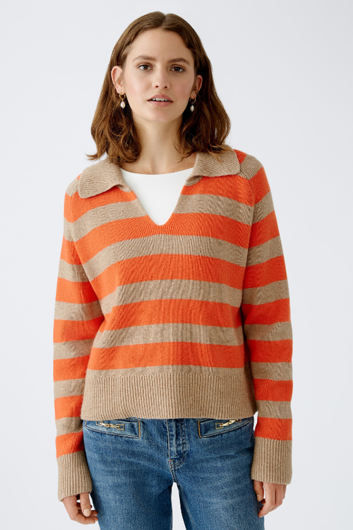 An image of the Oui Striped Jumper in Light Stone Red.