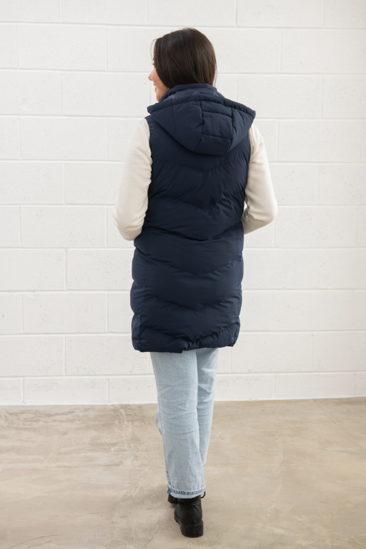 An image of the Lighthouse Savannah Ladies Long Gilet in Navy.