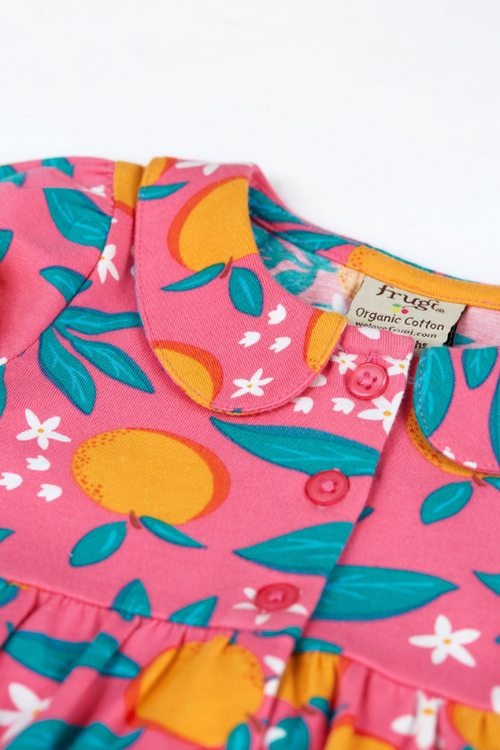 Frugi Lettie Dress. A short sleeve dress with full skirt, Peter Pan collar, button fastenings, and pink orange blossom print.