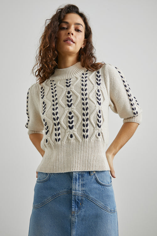 And image of the Rails Addy Sweater in Oatmeal Navy Cables.