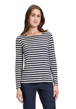 An image of the Betty Barclay Striped Top in Beige/Dark Blue.