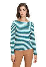 An image of the Betty Barclay Striped Top in Beige/Petrol.