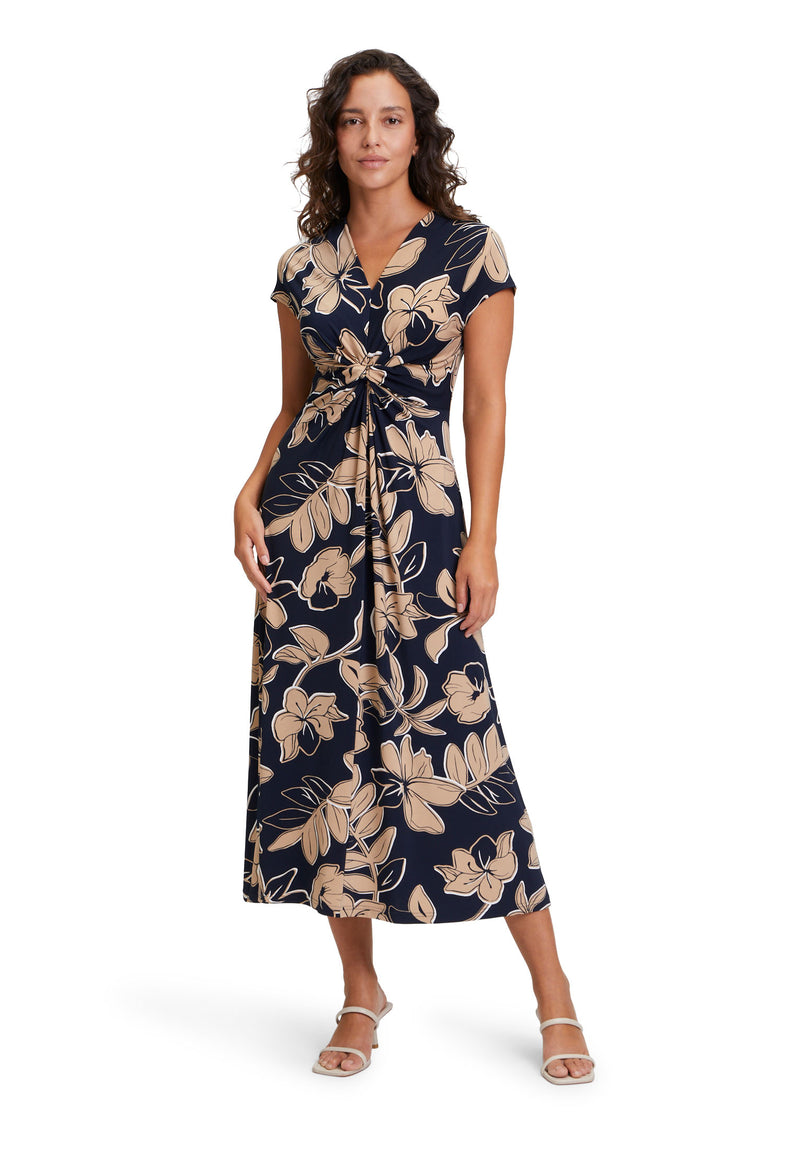 An image of the Betty Barclay Long Floral Dress in Dark Blue/Beige.