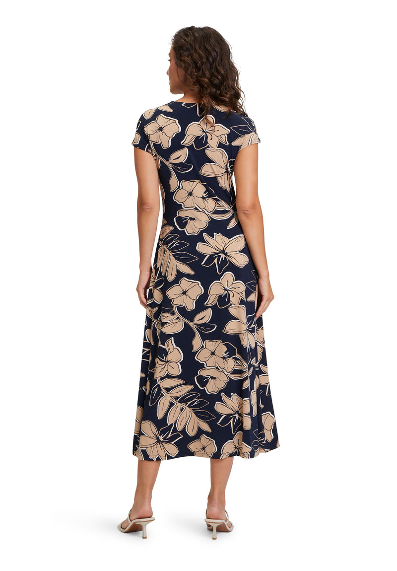 An image of the Betty Barclay Long Floral Dress in Dark Blue/Beige.