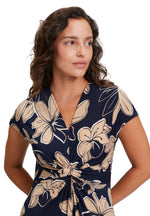 An image of the Betty Barclay Long Floral Dress in Dark Blue/Beige.