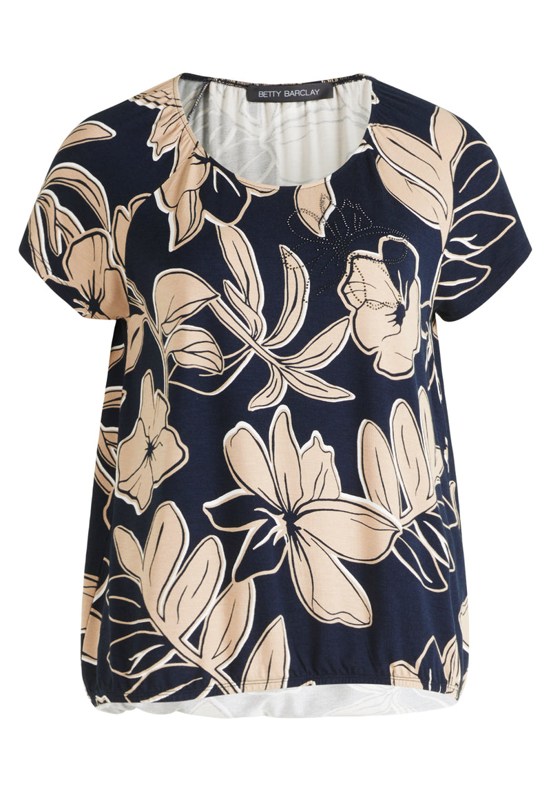 An image of the Betty Barclay Printed Top in Dark Blue/Beige.