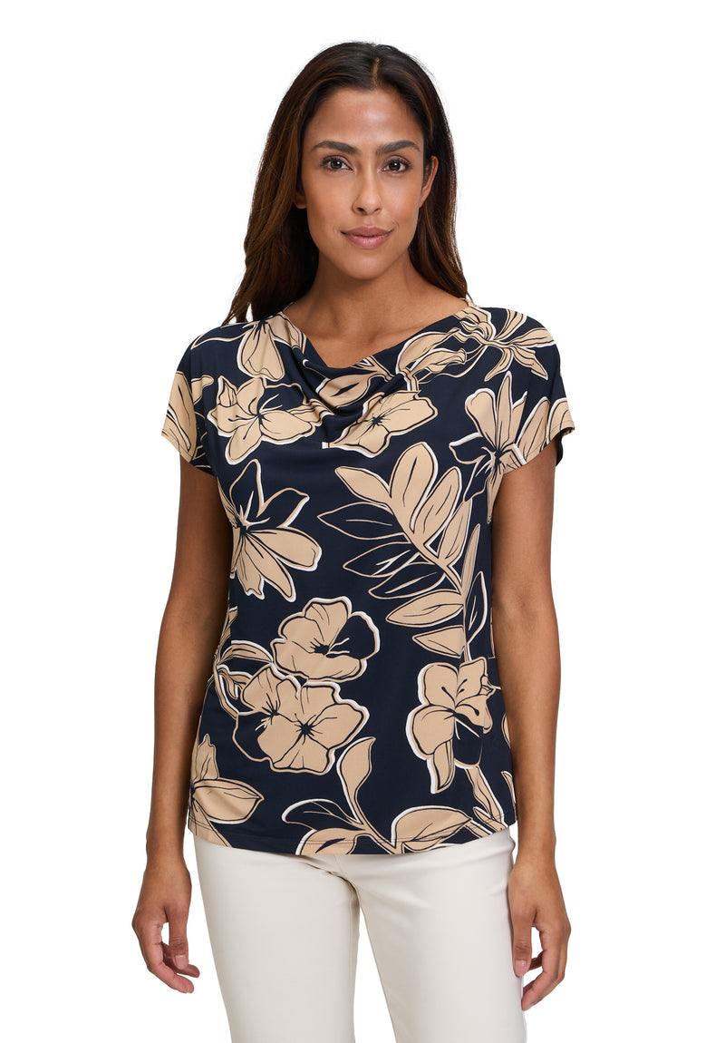 An image of the Betty Barclay Printed Top in Dark Blue/Beige.