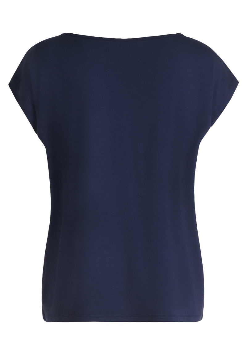 An image of the Betty Barclay Patterned T-Shirt in Dark Blue/Beige.