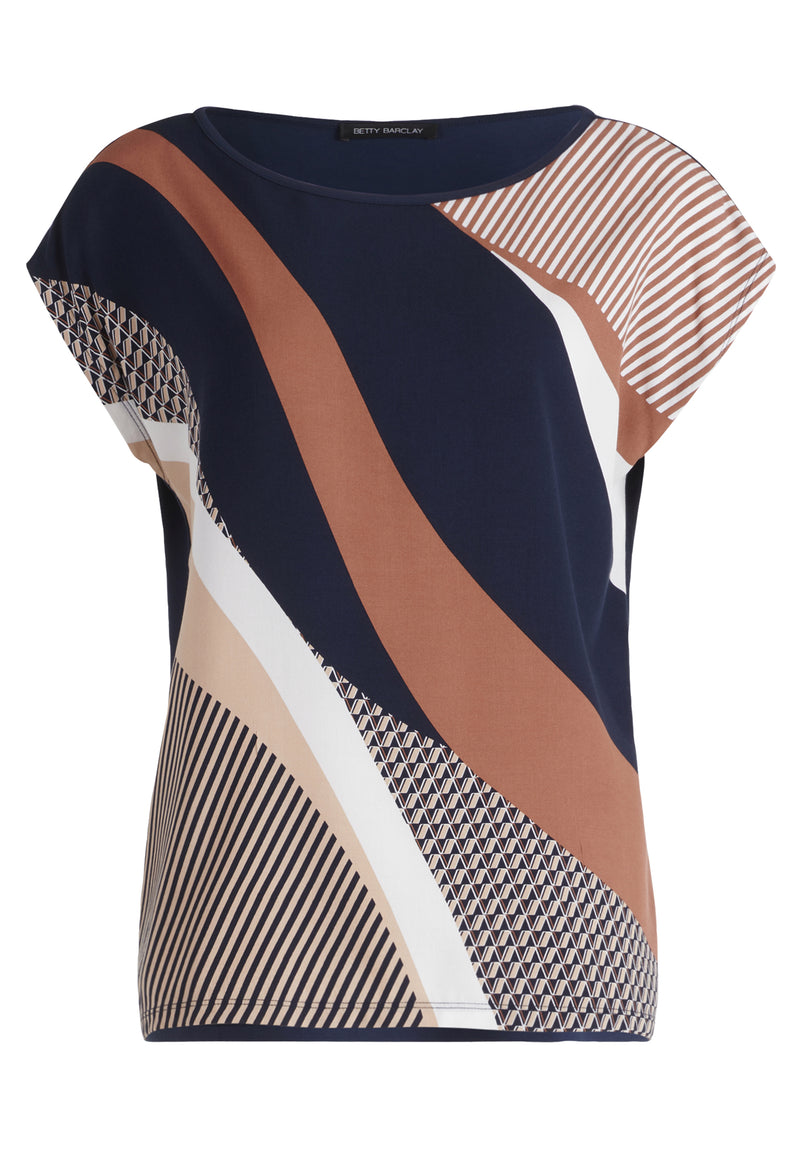 An image of the Betty Barclay Patterned T-Shirt in Dark Blue/Beige.