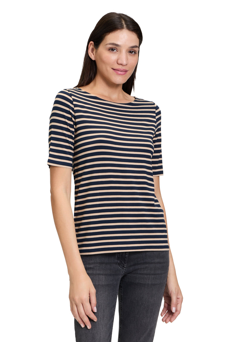 An image of the Betty Barclay Striped Top in Dark Blue/Beige.