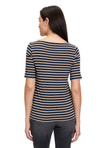 An image of the Betty Barclay Striped Top in Dark Blue/Beige.