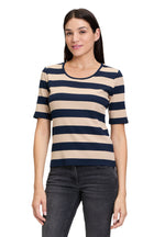 An image of the Betty Barclay Striped T-Shirt in Dark Blue/Beige.