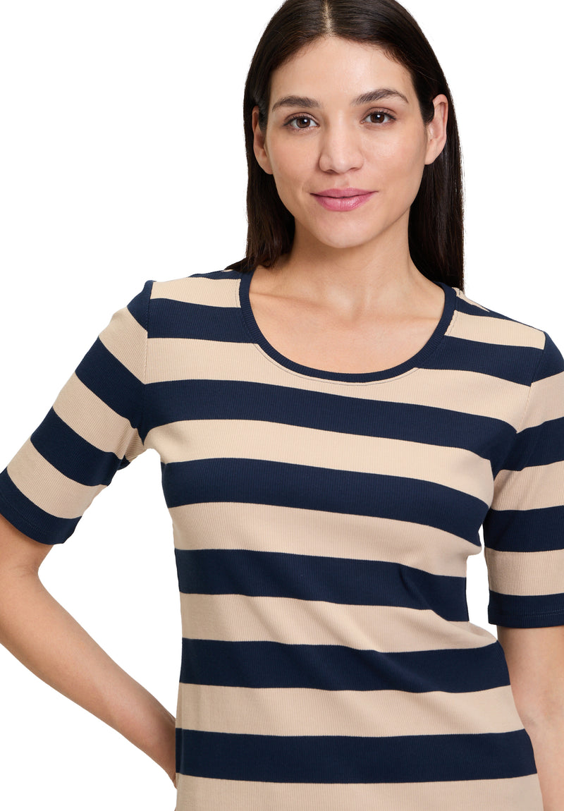 An image of the Betty Barclay Striped T-Shirt in Dark Blue/Beige.