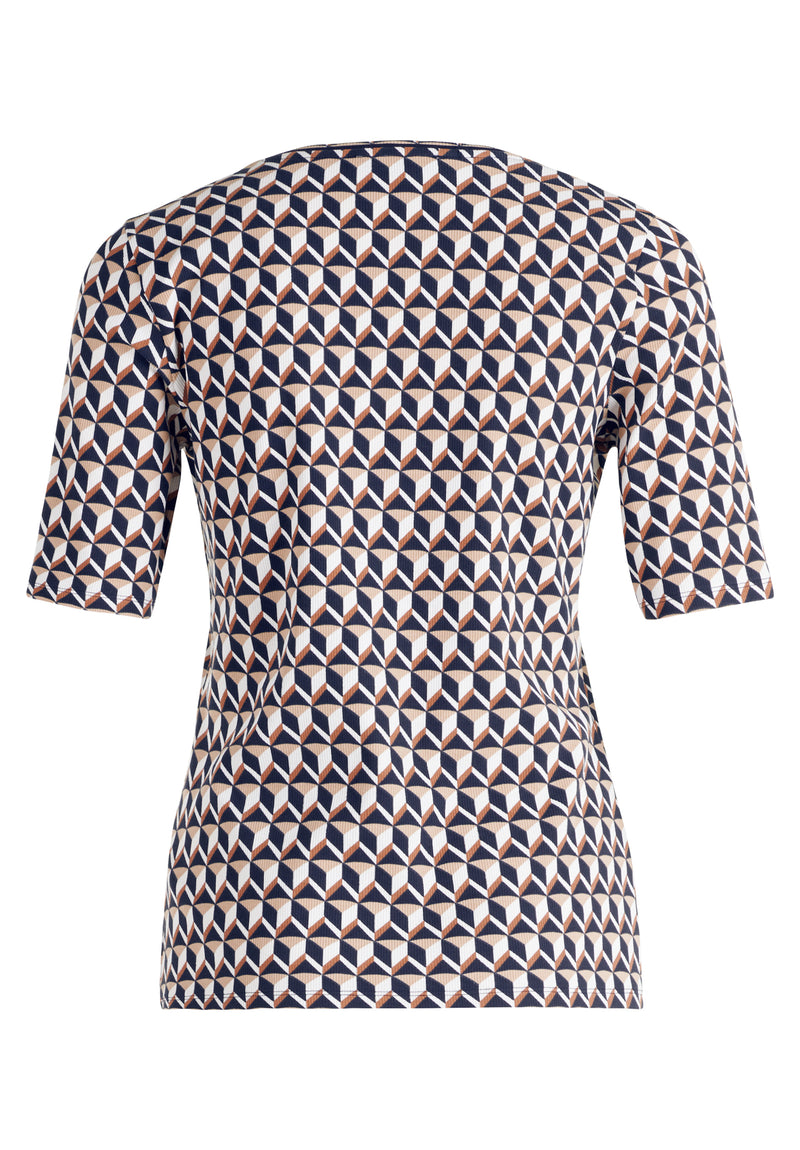 An image of the Betty Barclay Patterned T-Shirt in Dark Blue/Beige.