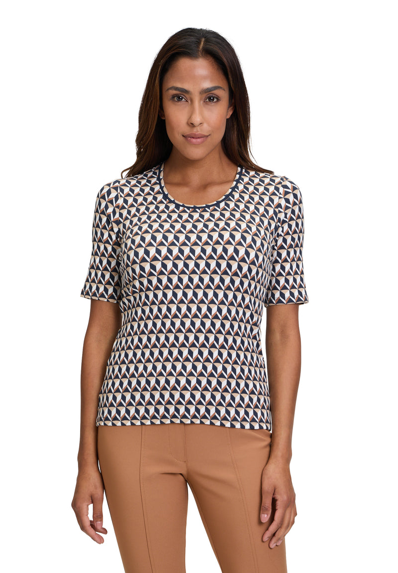 An image of the Betty Barclay Patterned T-Shirt in Dark Blue/Beige.