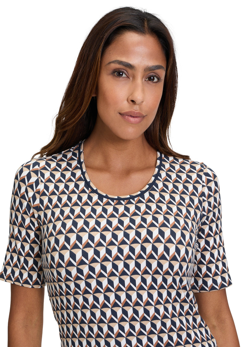 An image of the Betty Barclay Patterned T-Shirt in Dark Blue/Beige.