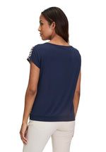 An image of the Betty Barclay Abstract Top in Dark Blue/Beige.