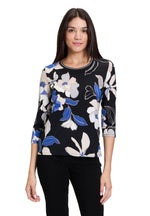 An image of the Betty Barclay Floral Top in Black/Blue.