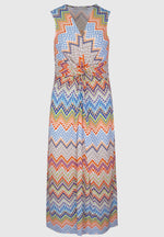 Bianca Dinorah Dress. A sleeveless midi length dress with V-neckline and multicoloured zigzag print.