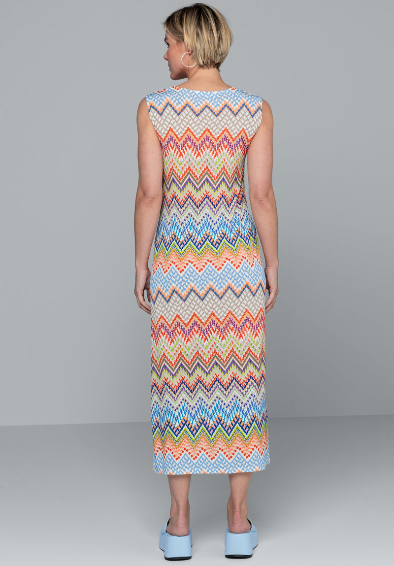 Bianca Dinorah Dress. A sleeveless midi length dress with V-neckline and multicoloured zigzag print.