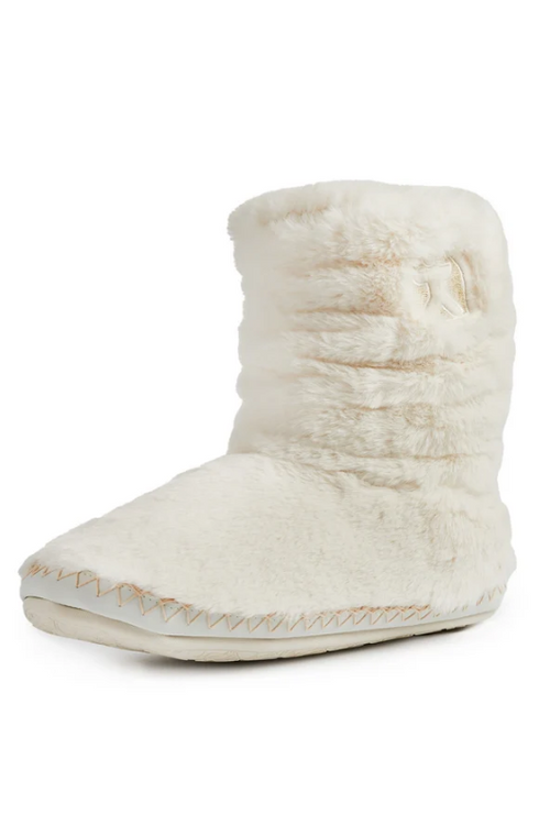 An image of the Bedroom Athletics Gisele 100% Recycled Faux Fur Rouched Slipper Boot in the colour Cream.