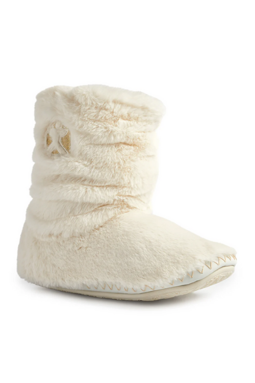 An image of the Bedroom Athletics Gisele 100% Recycled Faux Fur Rouched Slipper Boot in the colour Cream.