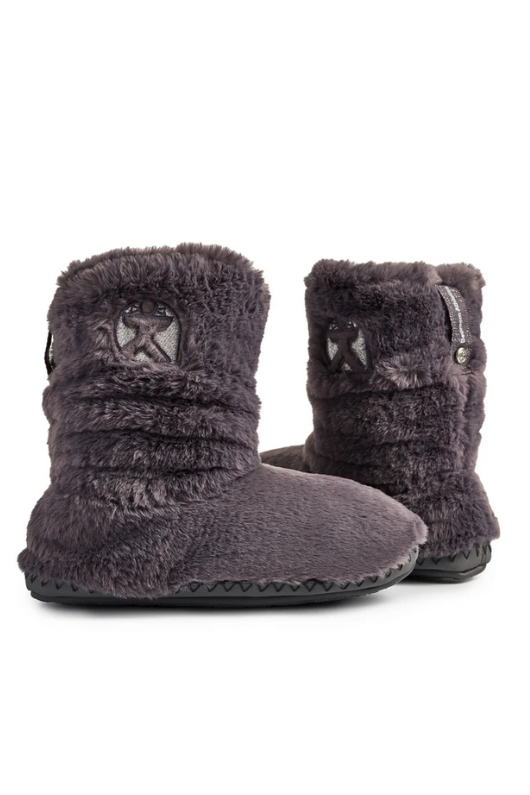 An image of the Bedroom Athletics Gisele 100% Recycled Faux Fur Rouched Slipper Boot in the colour Ink.