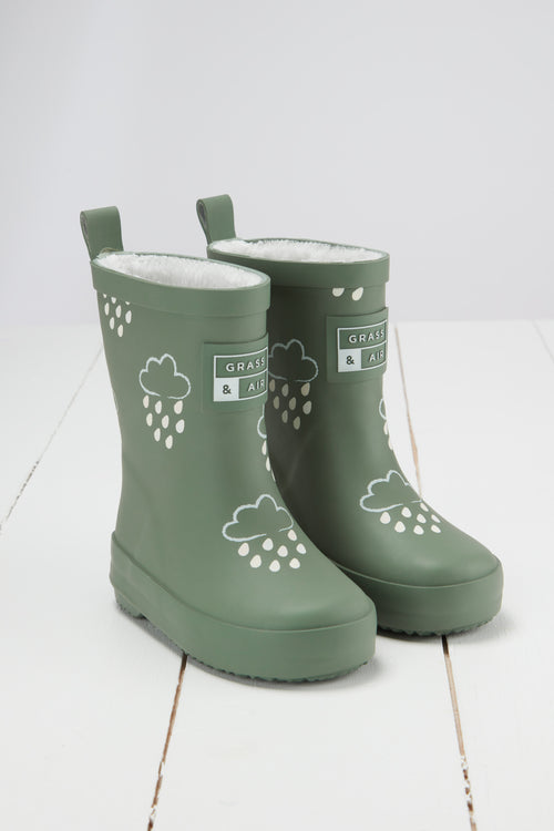 An image of the Grass & Air Colour Changing Kids Wellies in Khaki Green.