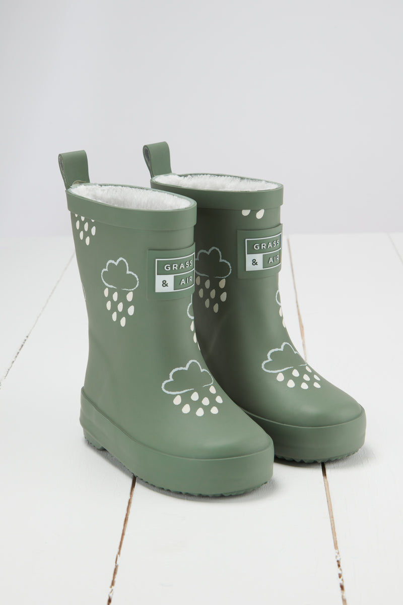 An image of the Grass & Air Colour Changing Kids Wellies in Khaki Green.