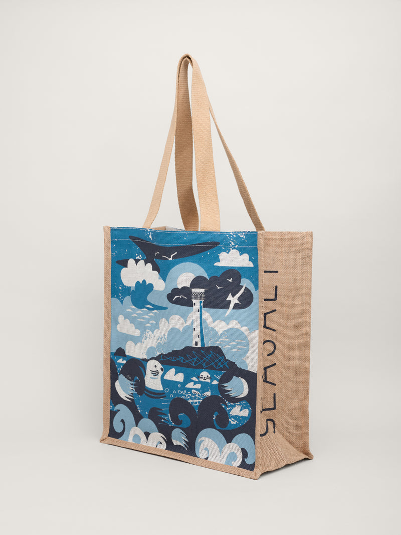 An image of the Seasalt Jute Shopper - Seals at Sennen Seashore in Blue.