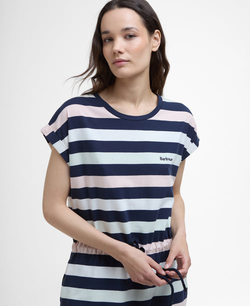 An image of the Barbour Marloes Dress in Navy/Pale Aqua Stripe.