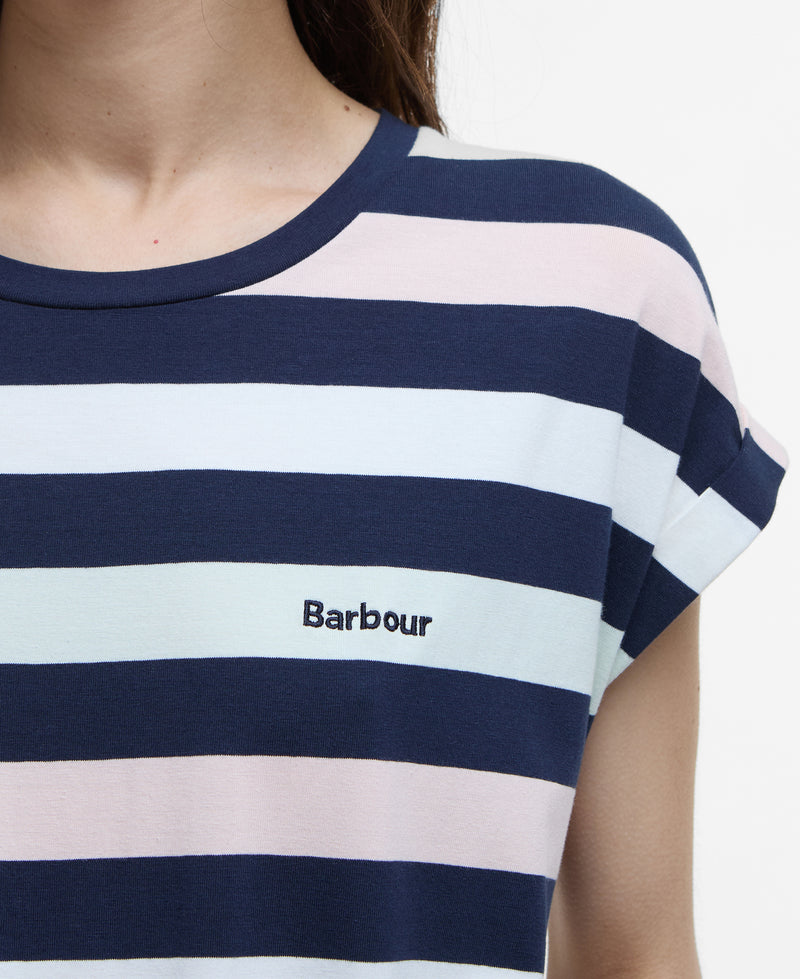 An image of the Barbour Marloes Dress in Navy/Pale Aqua Stripe.