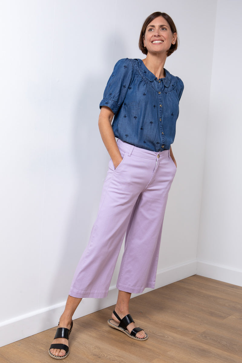 Lily & Me Isla Crop Trouser Twill. A crop fit, wide leg trouser with pockets, made from stretch fabric in a lavender purple colour.