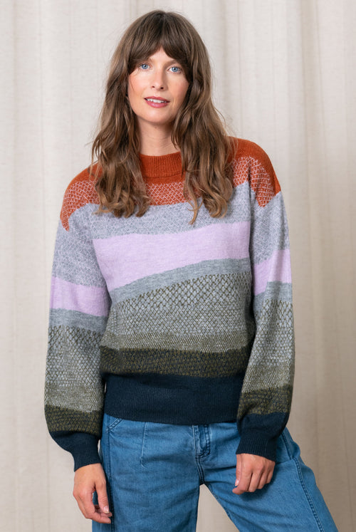 An image of the Lily & Me Art Colour Block Jumper in Olive.