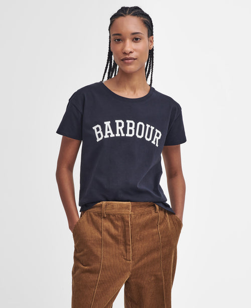 An image of the Barbour Northumberland Short Sleeve T-Shirt in Navy/White.