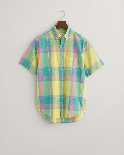 An image of the Regular Fit Colourful Madras Short Sleeve Shirt in Lemonade Yellow.