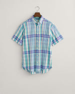 An image of the Regular Fit Colourful Madras Short Sleeve Shirt in Capri Blue.