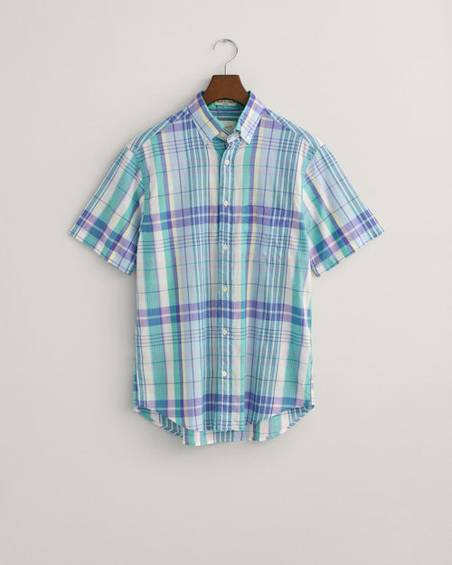 An image of the Regular Fit Colourful Madras Short Sleeve Shirt in Capri Blue.