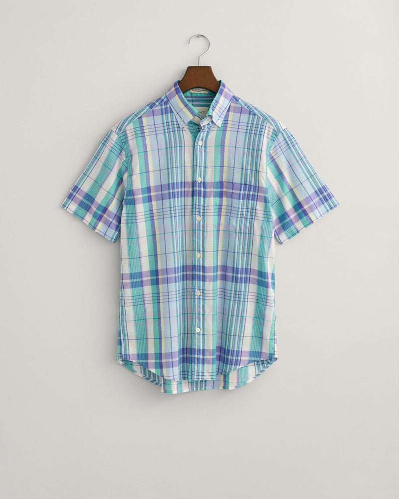 An image of the Regular Fit Colourful Madras Short Sleeve Shirt in Capri Blue.