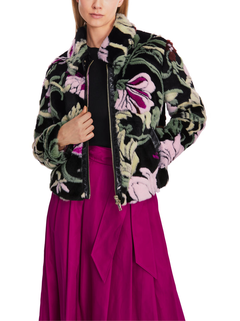 An image of the Marc Cain Floral Faux Fur Jacket in Black.