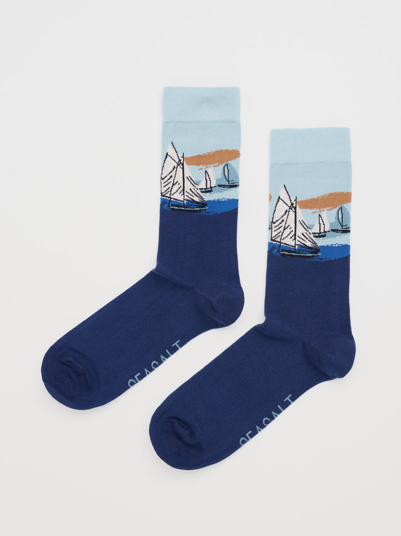 An image of the Seasalt Men's Arty Socks Collage Boats Night